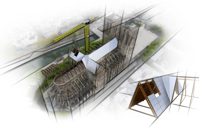 Gut bedacht: Mit vorgefertigten Fachwerk- und Holz-Rippenelementen kann Rhomberg Bau die Kathedrale Notre-Dame de Paris innert kürzester Zeit mit einem neuen Dach ausstatten. (Quelle: Dominic Schindler Creations/Rhomberg Bau, Abdruck honorarfrei) Gut bedacht: Mit vorgefertigten Fachwerk- und Holz-Rippenelementen kann Rhomberg Bau die Kathedrale Notre-Dame de Paris innert kürzester Zeit mit einem neuen Dach ausstatten. (Quelle: Dominic Schindler Creations/Rhomberg Bau, Abdruck honorarfrei)